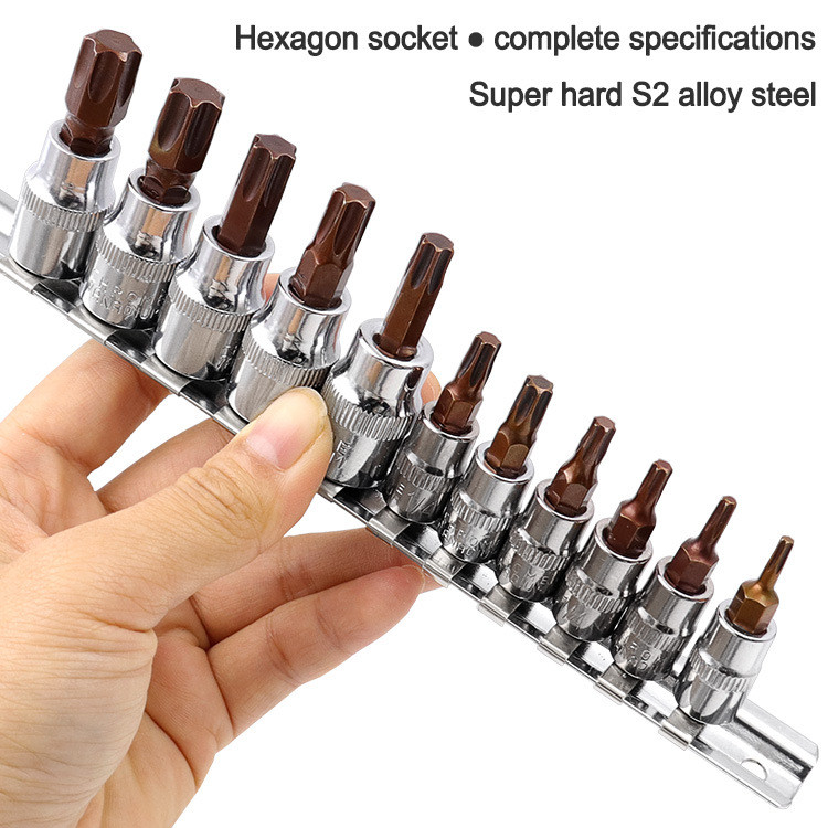 SMOOS H23C-11T 11pc 3/8 1/4 Drive S2 Alloy Torx Screwdriver Bits Set Spline Socket Bit T10 T15 T20 T25